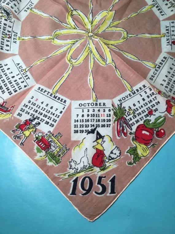 1951-calendar-handkerchief-his-hers-pair-new-years-memorabilia