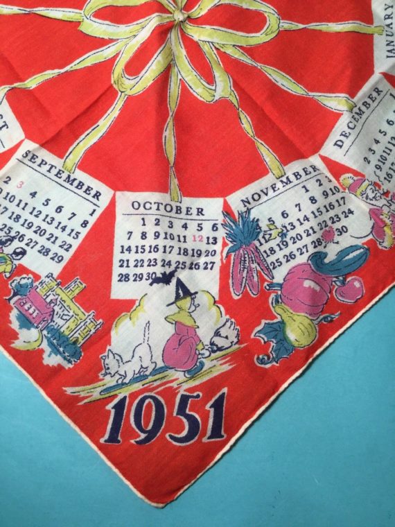 1951-calendar-handkerchief-his-hers-pair-new-years-memorabilia