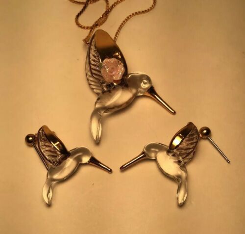 Hummingbird Earrings & Necklace Set Blown Clear Glass with Goldtone Accent