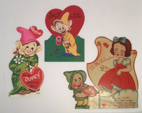 Walt Disney Vintage Snow White and the Seven Dwarfs Dopey Valentines Card Lot of 3