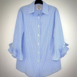 Fine Garments By Bell Womens Striped Blouse 12 Blue White 3/4 Ruffle Sleeve Top