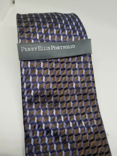 Perry Ellis Portfolio Blue/Brown Neck Tie 100% Silk Men's Tie