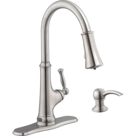 Glacier Bay 1001 407 752 Touchless LED Single-Handle Pull-Down Sprayer Kitchen Faucet with Soap Dispenser in Stainless Steel