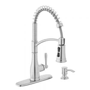 Glacier Bay Mandouri 1004 741 115 Single-Handle Spring Neck Pull-Down Kitchen Faucet with Soap Dispenser in Stainless Steel