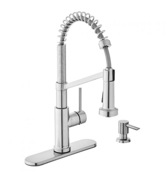 Glacier Bay Gage 1004 821 114 Single-Handle Spring Neck Pull-Down Kitchen Faucet with TurboSpray, FastMount, Soap Dispenser in Stainless Steel
