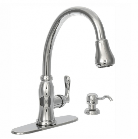 Glacier Bay Pavilion 1000 045 277 Single-Handle Pull-Down Kitchen Faucet with TurboSpray and FastMount and Soap Dispenser in Chrome