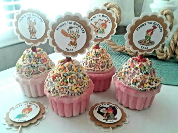 Pebbles and Bam Bam Flinstones Personalized Cupcake Toppers Birthday Party