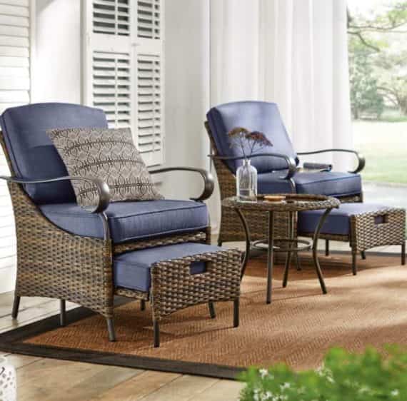 Hampton Bay Layton Pointe 1003 516 313 5-Piece Brown Wicker Outdoor Patio Conversation Seating Set with CushionGuard Sky Blue Cushions