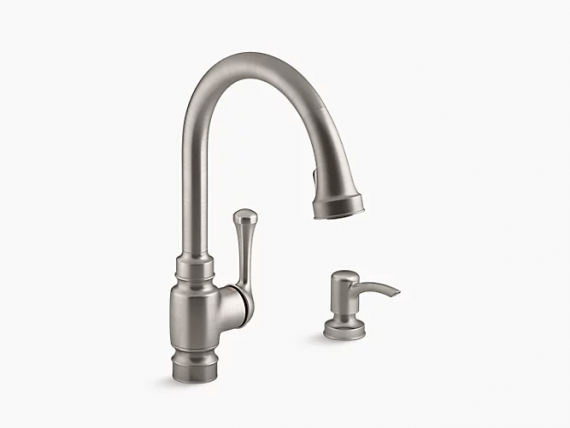 kohler Carmichael R72512-SD-VS 4-hole kitchen faucet with 15-1/2" pull-down spout and soap/lotion dispenser
