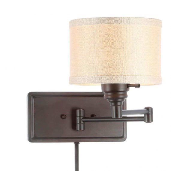 Hampton Bay Brookhaven 465 919 1-Light Bronze Swing Arm Sconce with Fabric Shade and 6 ft. Cord