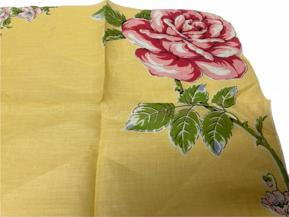 pink-rose-scalloped-edge-vintage-yellow-hanky-handkerchief-hankie-green-leaves