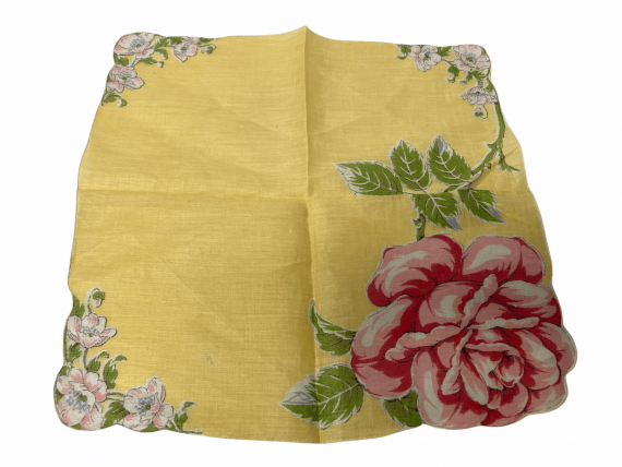 pink-rose-scalloped-edge-vintage-yellow-hanky-handkerchief-hankie-green-leaves