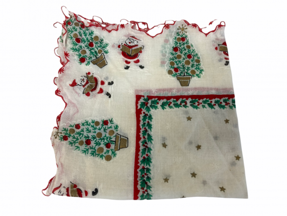 vintage-christmas-tree-santa-claus-handkerchief-hanky-white-green-gold-stars-red