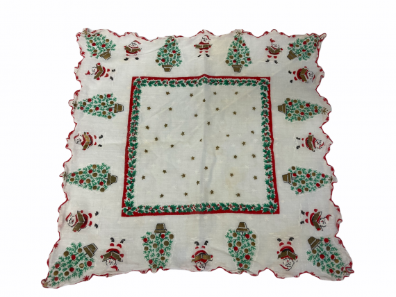 vintage-christmas-tree-santa-claus-handkerchief-hanky-white-green-gold-stars-red