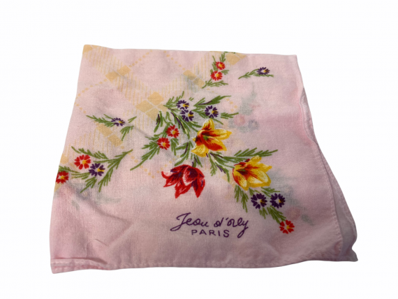 Jean d’Orly Pink Hanky Handkerchief Hankie Yellow Red Tulips