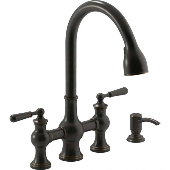 Kohler Capilano R21070-SD-2BZ 2-Handle Bridge Farmhouse Pull-Down Kitchen Faucet with Soap Dispenser and Sweep Spray in Oil-Rubbed Bronze