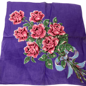 Pink Roses Blue Ribbon Purple Vintage Hanky Handkerchief Hankie Green Leaves