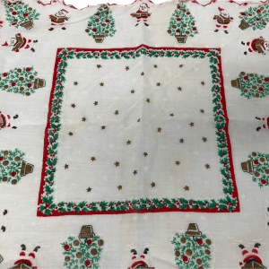 Vintage Christmas Tree Santa Claus Handkerchief Hanky White Green Gold Stars Red