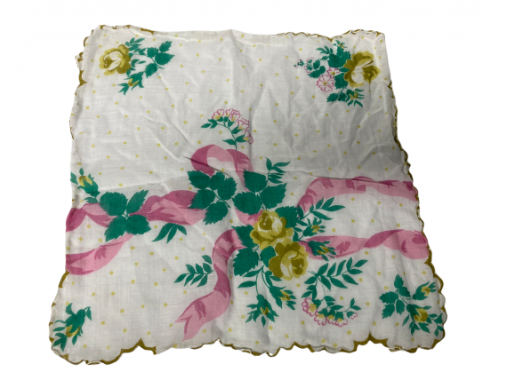 Vintage Green Flowers Polka Dots Pink Ribbon Handkerchief Hankie White Vintage