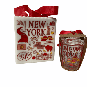 2 Starbucks New York Been There Ornaments Glass To Go Cup and Ceramic Tote
