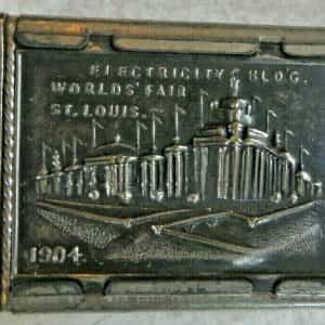 1904 ELECTRICITY BLDG.ST.LOUIS WORLD’S FAIR, EMBOSSED MATCH SAFE WASHINGTON BACK