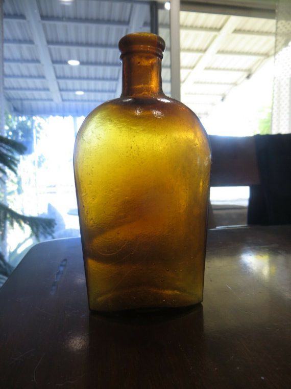 amber-brown-glass-flask-whisky-bottle-strapped-sides-6-inch-applied-top-1890s