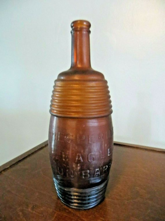 9-1-2-inch-hesperidina-bagley-un-barril-amber-brown-ribbed-1800s-bottle