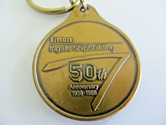 litton-ingalls-ship-building-50th-anniversary-1938-88-brass-key-ring-aircraft-ca
