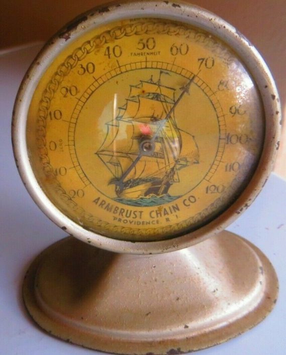 ARMBRUST CHAIN CO.PROVIDENCE N.Y.GLASS FACED ALUMINUM 1940’S WORKING THERMOMETER
