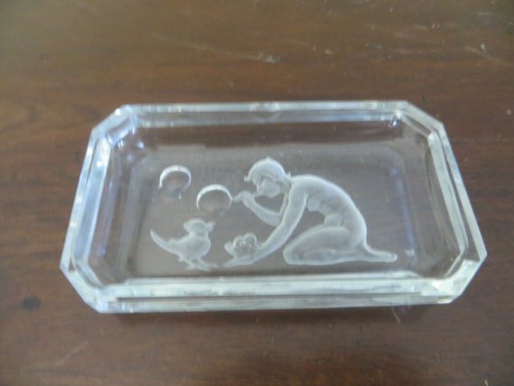 CHILD BLOWING BUBBLES FOR BIRD REVERSE GLASS SOAPDISH TIP TRAY ANTIQUE