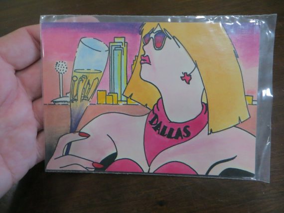 DALLAS TEXAS,DESIGN BY JIM SNIDER,LADY DRINKING CHAMPAGNE CITY SKYLINE POST CARD