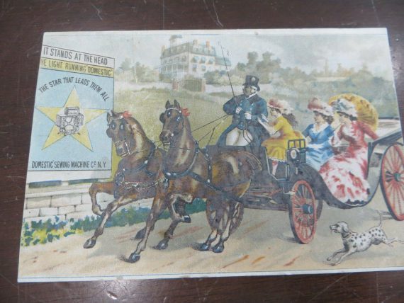 DOMESTIC SEWING MACHINE,NY,VICTORIAN TRADE CARD HORSE DRAWN CARRAGE