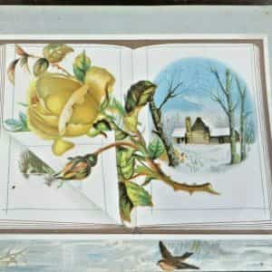EMBOSSED YELLOW ROSE OVER WINTER CABIN IN WOODS IN SNOW UNUSED POST CARD
