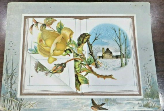 EMBOSSED YELLOW ROSE OVER WINTER CABIN IN WOODS IN SNOW UNUSED POST CARD