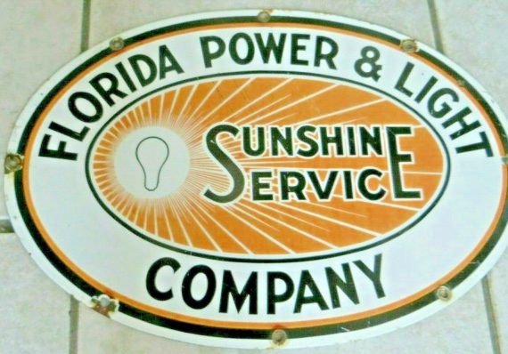 FLORIDA POWER & LIGHT CO.SUNSHINE SERVICE,PORCELAIN ORIGINAL RIVITED 50’S SIGN