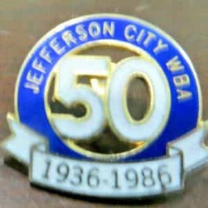 JEFFERSON CITY WOMAN’S BOWLING ASSOCIATION W.B.A. 50TH YR ANNIVERSARY PIN 1986