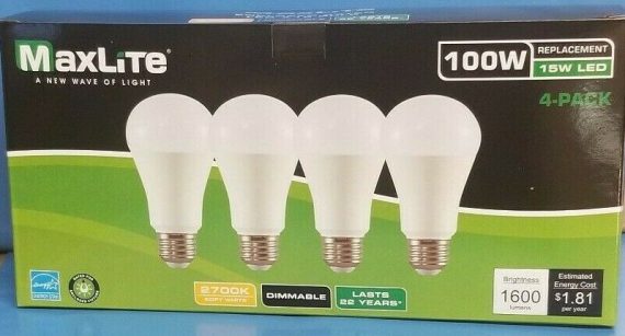 Maxlite 4 pack 15w Enclosed Rated LED A19 Bulb 1600 Lumens Dimmable lasts 22 yrs