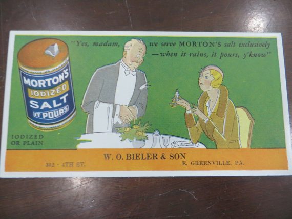 Morton Iodized Salt W.O. BIELER & SON,E. GREENVILLE PA,CARDBOARD SALES BLOTTER