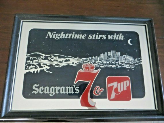 Nighttime stirs with Seagram’s 7 & 7 up reverse glass advertising mirror sign