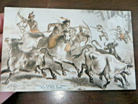 Pioneers fighting an Indian Raid on there cattle cardboard picture trade card