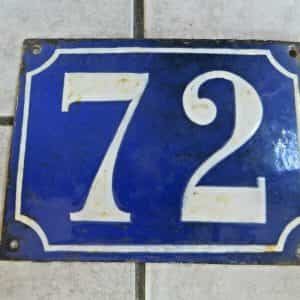 PORCELAIN ORIGINAL NUMBER 72 HEAVY DUTY HOUSE NUMBER, OLD, FRANCE, SIGN