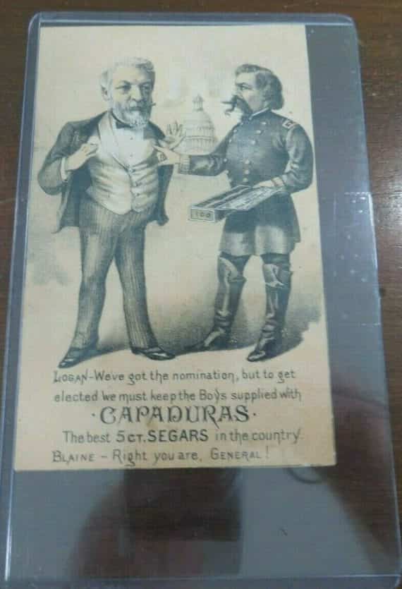 R.C.BROWN & CO.CAPADURAS 5 CENT CIGARS GENERAL LOGAN,BLAINE POLITICAL TRADE CARD
