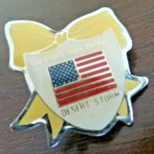 SUPPORT OUR TROOPS DESERT STORM USA YELLOW RIBBON AROUND USA FLAG PIN