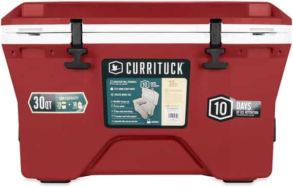 camco-currituck-crimson-and-white-30-quart-cooler-rugged-exterior-made-for-camping-hunting-fishing-and-tailgating-comes-with-cooler-basket-51750