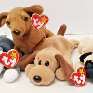 TY Original Beanie Babies Nanook Bones Pugsly Weenie Dogs Set of 4 PVC Pellets