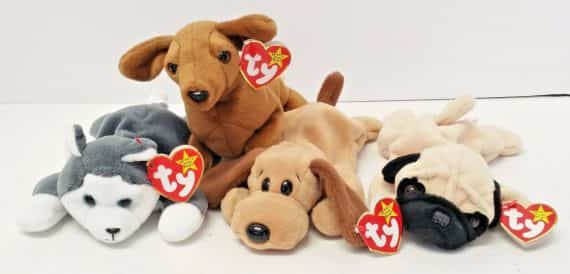 TY Original Beanie Babies Nanook Bones Pugsly Weenie Dogs Set of 4 PVC Pellets