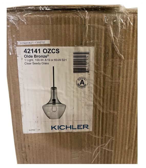 Kichler Everly 42141 OZCS 15.25 in. 1-Light Olde Bronze Transitional Kitchen Bell Pendant Hanging Light with Clear Seeded Glass