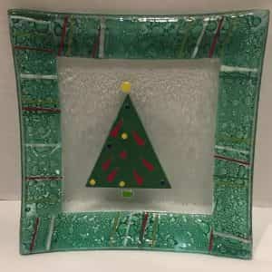 Gorham Christmas Splendor Fused Glass Square Tree Plate Raised 3D