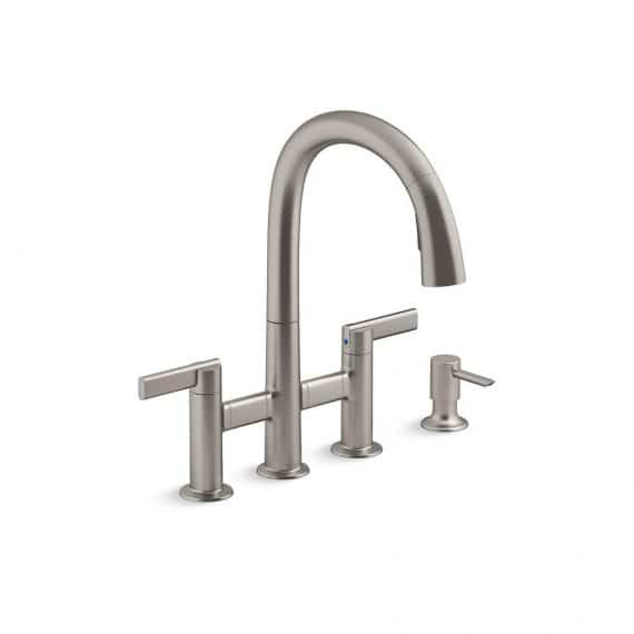Kohler Otira R29465-SD-VS 2-Handle Bridge Pull-Down Kitchen Faucet with Soap Dispenser and Sweep Spray in Vibrant Stainless