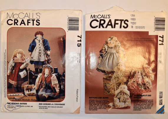 2 Mccall’s Craft Patterns 715 & 771 Soft Dolls 18″ -16″ -11″ + clothes 1992/1995